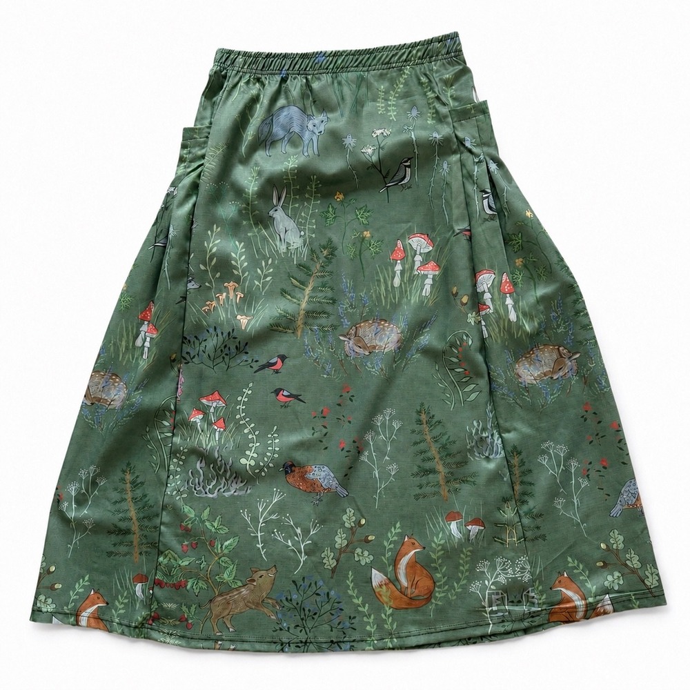 Handmade Woodland Forest Fox Mushroom Green Midi Skirt Pockets XXL Cottagecore - Picture 3 of 6